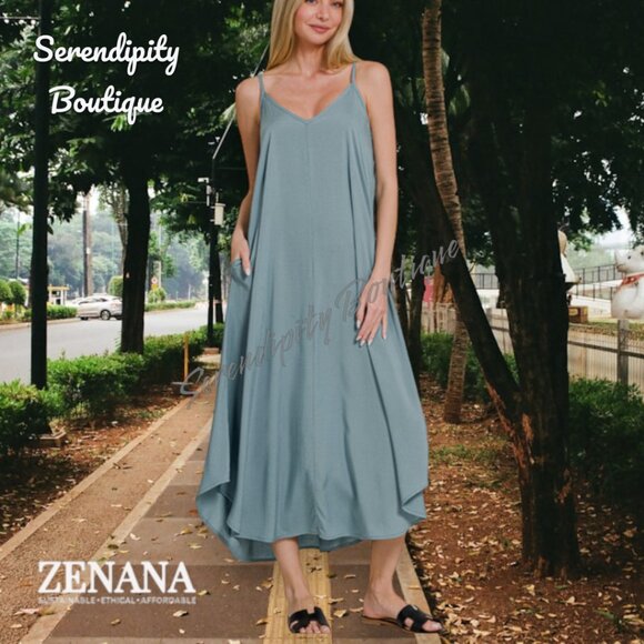 Zenana Outfitters Dresses & Skirts - Effortless Everyday Casual Classic Cami Strap Flowy Tea Length Dress in Blue